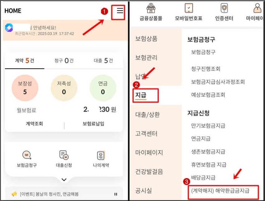 우체국보험 모바일앱(잇다보험) 화면을 캡처한 이미지입니다.
왼쪽 화면에서는 홈 화면 상단의 [≡ 메뉴] 버튼이 ‘①’ 표시와 함께 강조되어 있고,
오른쪽 화면에서는 메뉴 중 [② 지급] 항목이 붉은 테두리로 표시되어 있습니다.
그 아래 하위 메뉴에는 [③ (계약해지) 해약환급금지급] 항목이 빨간색 상자로 강조되어 있어,
앱 내에서 보험 해약 절차를 진행하는 순서를 단계별로 안내하는 이미지입니다.