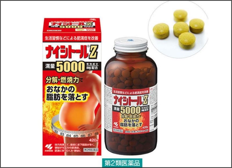 나이시토루Z 제품 사진으로, 왼쪽에는 붉은색과 오렌지색 상자, 오른쪽에는 갈색 유리병이 함께 놓여 있습니다.
제품 전면에는 “5000mg 생약 성분 함유, 복부 지방 분해 및 연소”라는 문구가 적혀 있고, 체지방 감소를 상징하는 복부 이미지가 그려져 있습니다.
오른쪽 상단에는 노란색 원형 알약 네 개가 확대되어 있으며, 한방 성분 기반의 내장지방 감소용 다이어트 약임을 강조하고 있습니다.