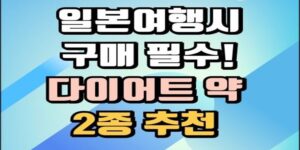 밝은 하늘색과 파란색 그라데이션 배경 위에 검정색 테두리를 가진 글자가 중앙에 배치되어 있습니다. 글 내용은 “일본여행시 구매 필수! 다이어트 약 2종 추천”이며, ‘다이어트 약’은 연한 분홍색, ‘2종 추천’은 노란색으로 강조되어 있습니다.
