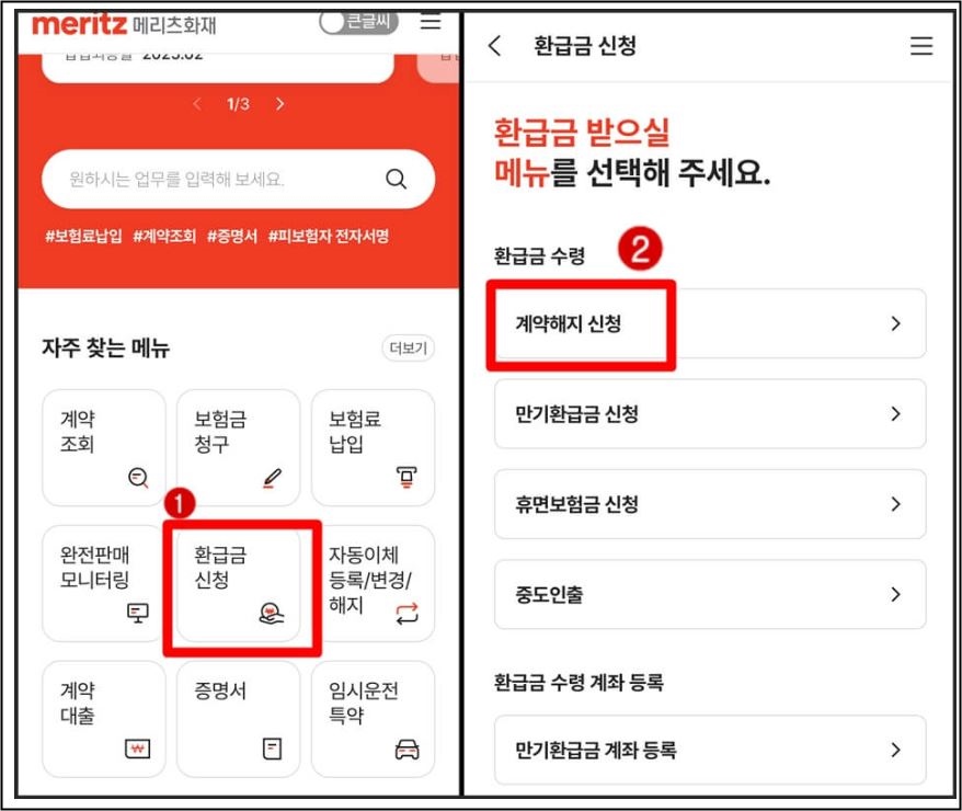 메리츠화재 홈페이지의 [인터넷고객센터] 화면 캡처 이미지입니다.
화면 상단에는 빨간색 상자 안에 ‘① 인터넷고객센터’가 표시되어 있고, 왼쪽 메뉴에는 ‘② 납입/환급’ 항목이 화살표로 강조되어 있습니다.
오른쪽 본문 영역에는 ‘환급금 신청’ 페이지가 열려 있으며, 증권번호 입력란이 있는 넓은 박스가 ‘③’ 번호로 표시되어 있습니다.
이곳에서 보험 해약 또는 환급 신청을 진행할 수 있음을 안내하는 이미지입니다.