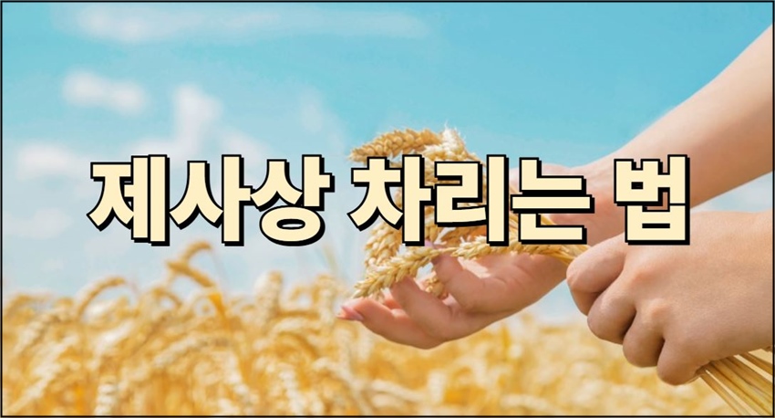 맑은 하늘 아래 노랗게 익은 밀밭을 배경으로 한 사람이 밀 이삭을 손으로 잡고 있는 모습 위에 ‘제사상 차리는 법’이라는 큰 글씨가 중앙에 배치된 안내 이미지.