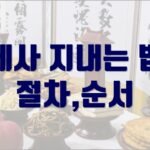 전통 제사상을 배경으로 다양한 음식과 한자 병풍이 보이며, 중앙에 ‘제사 지내는 법 절차, 순서’라는 진한 파란색 글씨가 크게 표시된 안내형 이미지.