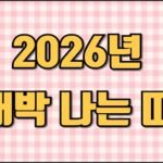 2026년 대박 나는 띠라는 문구가 중앙에 큼직하게 배치된 16:9 비율의 썸네일 이미지. 부드러운 분홍색 체크무늬 배경 위에 노란색 볼드체 글자가 가독성 있게 강조되어 있으며 밝고 긍정적인 분위기를 전달하는 디자인