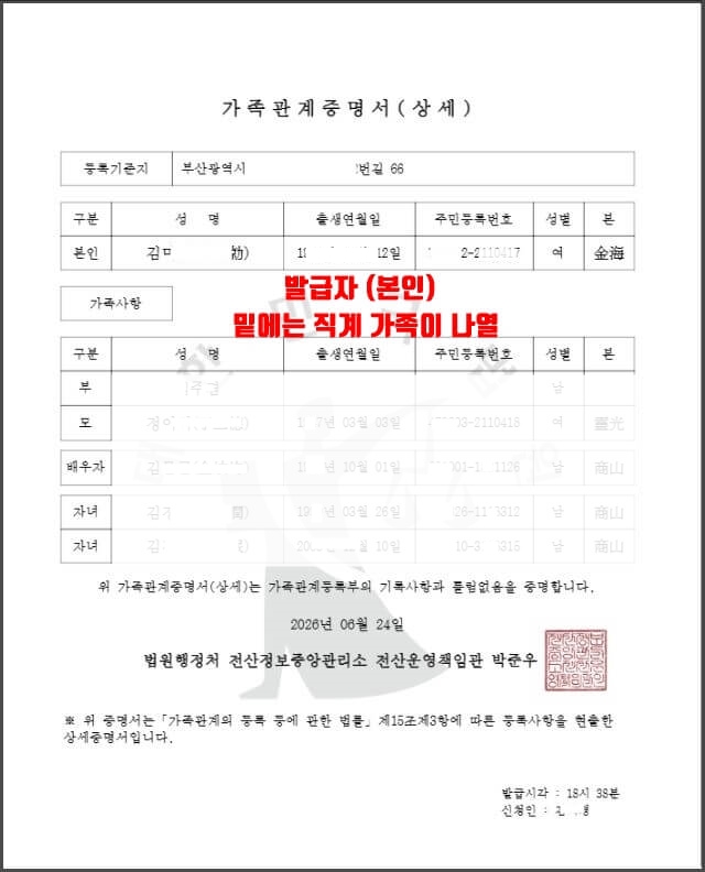 가족관계증명서(상세) 최종 출력화면