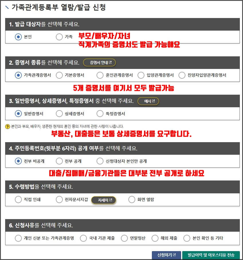 가족관계증명서 열람또는 발급 신청화면