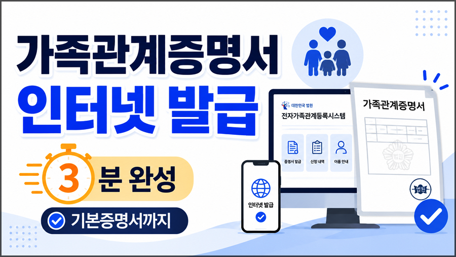 가족관계증명서 인터넷 발급 방법과 기본증명서 발급까지 안내하는 16:9 썸네일 이미지.