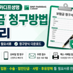 BNP파리바카디프생명 보험금 청구방법 안내 썸네일. 보험금 청구서, 모바일 앱, 인터넷 청구, 우편·팩스 접수 아이콘을 활용해 보험금 청구방법, 필요서류, 청구양식 다운로드 정보를 한눈에 보여주는 이미지