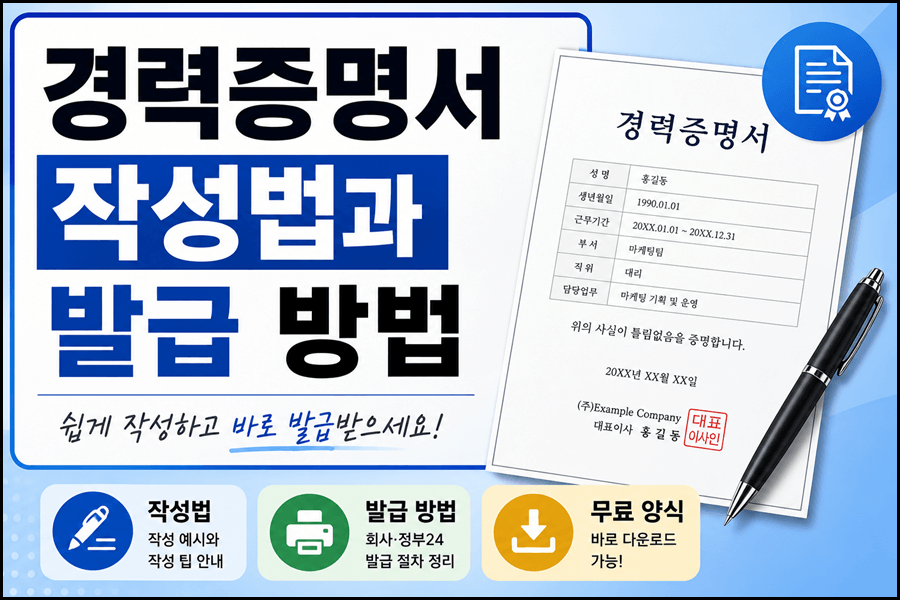 "경력증명서 작성법과 발급 방법, 무료 양식 다운로드를 안내하는 썸네일 이미지. 왼쪽에는 '경력증명서 작성법 발급 방법'이라는 문구가 크게 표시되어 있으며, 오른쪽에는 경력증명서 서류와 펜이 배치되어 있다. 하단에는 작성법, 발급 방법, 무료 양식 다운로드 안내 아이콘이 포함된 16:9 비율의 정보성 썸네일이다."