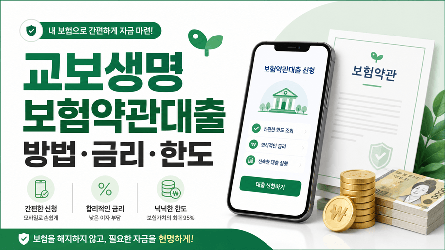 교보생명 보험약관대출 방법, 금리, 한도를 안내하는 16:9 썸네일 이미지.