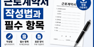 "근로계약서 작성법과 필수 항목, 표준 양식 무료 다운로드를 안내하는 썸네일 이미지. 왼쪽에는 '근로계약서 작성법과 필수 항목' 문구가 크게 표시되어 있으며, 오른쪽에는 근로계약서 양식과 펜이 배치되어 있다. 하단에는 작성법, 필수 항목, 표준 양식 무료 다운로드 안내가 포함된 16:9 비율의 정보성 썸네일이다."