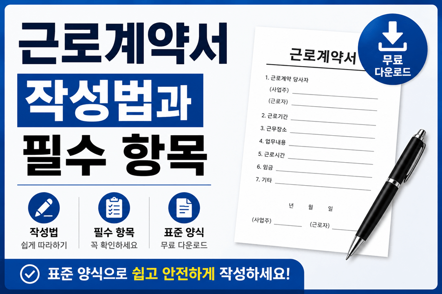 "근로계약서 작성법과 필수 항목, 표준 양식 무료 다운로드를 안내하는 썸네일 이미지. 왼쪽에는 '근로계약서 작성법과 필수 항목' 문구가 크게 표시되어 있으며, 오른쪽에는 근로계약서 양식과 펜이 배치되어 있다. 하단에는 작성법, 필수 항목, 표준 양식 무료 다운로드 안내가 포함된 16:9 비율의 정보성 썸네일이다."