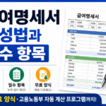 "급여명세서 작성법과 필수 항목을 안내하는 썸네일 이미지. 왼쪽에는 '급여명세서 작성법과 필수 항목' 문구가 크게 표시되어 있으며, 오른쪽에는 급여명세서 예시 서류와 펜이 배치되어 있다. 하단에는 작성법, 필수 항목, 무료 양식 다운로드 안내와 고용노동부 자동 계산 프로그램 정보가 포함된 16:9 비율의 정보성 썸네일이다."