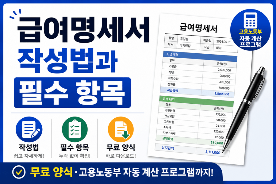 "급여명세서 작성법과 필수 항목을 안내하는 썸네일 이미지. 왼쪽에는 '급여명세서 작성법과 필수 항목' 문구가 크게 표시되어 있으며, 오른쪽에는 급여명세서 예시 서류와 펜이 배치되어 있다. 하단에는 작성법, 필수 항목, 무료 양식 다운로드 안내와 고용노동부 자동 계산 프로그램 정보가 포함된 16:9 비율의 정보성 썸네일이다."
