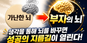 "가난한 뇌에서 부자의 뇌로 변화하는 과정을 표현한 썸네일 이미지. 왼쪽에는 고민과 혼란을 상징하는 회색 뇌와 '가난한 뇌' 문구가 있으며, 오른쪽에는 황금빛으로 빛나는 뇌와 '부자의 뇌' 문구가 배치되어 있다. 중앙의 화살표가 변화를 나타내며, 하단에는 '생각을 통해 뇌를 바꾸면 성공의 지름길이 열린다!'라는 메시지가 강조된 자기계발 및 성공 마인드 관련 콘텐츠 썸네일이다."