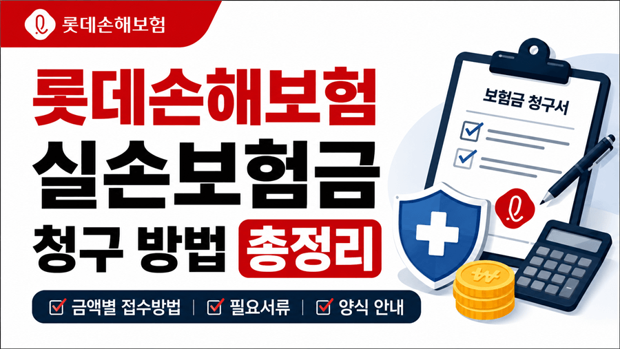롯데손해보험 실손보험금 청구 방법 총정리 썸네일 이미지. 보험금 청구서, 의료보험 방패, 계산기 아이콘과 함께 실손보험 청구방법, 필요서류, 보험금청구서 양식 안내 내용을 강조한 16대9 비율의 정보형 디자인.