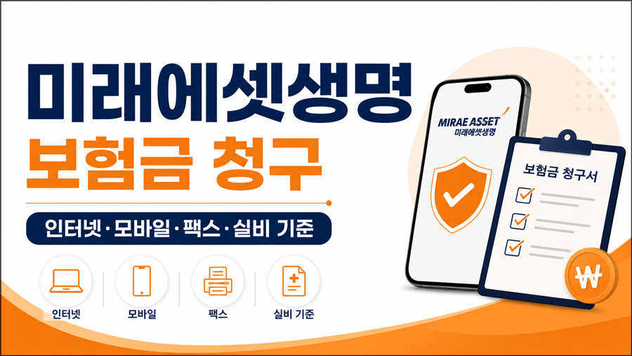 미래에셋생명 보험금 청구 방법과 유형별 구비서류, 인터넷·모바일·팩스·실비 기준을 안내하는 16:9 썸네일 이미지.