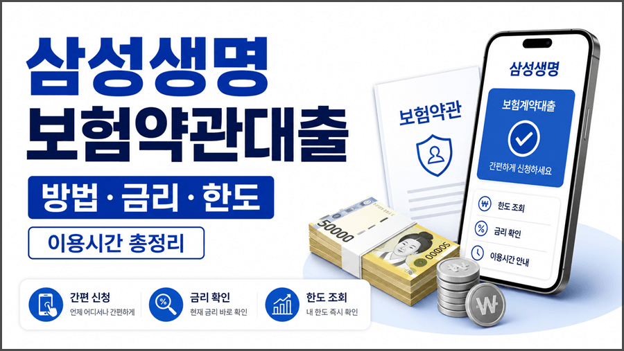 삼성생명 보험약관대출 방법, 금리, 한도, 이용시간을 안내하는 16:9 썸네일 이미지.