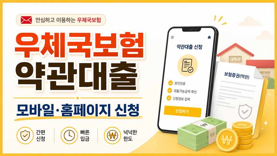 우체국보험 약관대출 신청 방법을 안내하는 16:9 썸네일 이미지. 모바일·홈페이지 신청, 보험약관 문서, 스마트폰 신청 화면, 현금 아이콘을 간단하게 표현한 이미지.