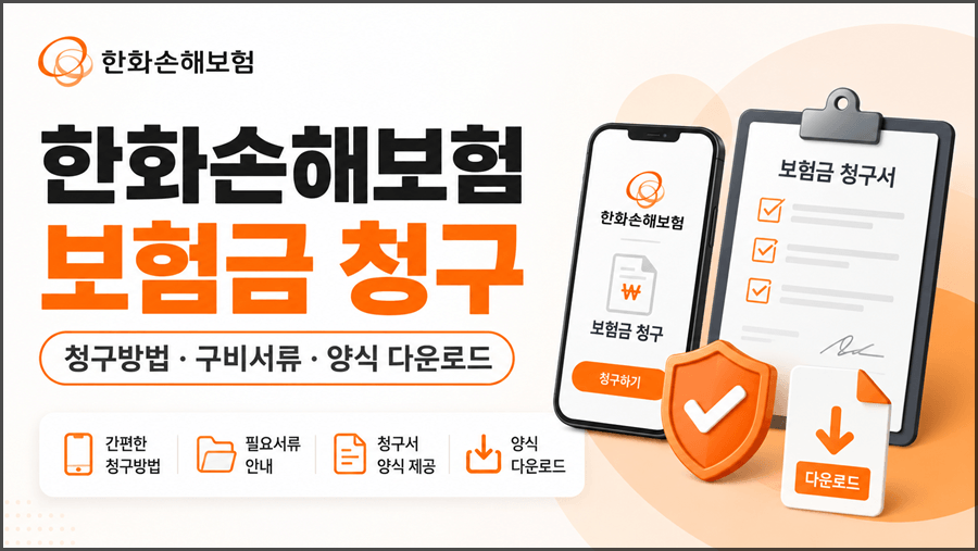 한화손해보험 보험금 청구방법, 구비서류, 청구서 양식 다운로드를 안내하는 16:9 썸네일 이미지.