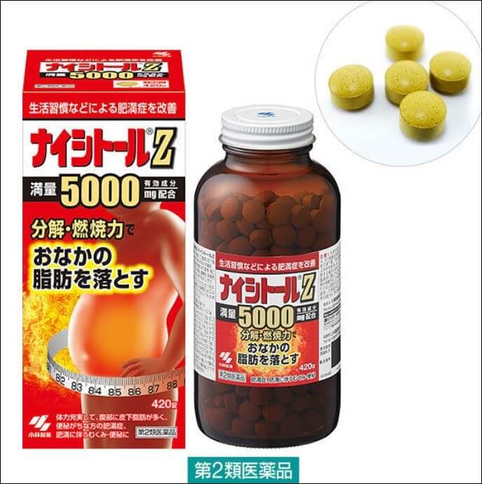"일본에서 판매되는 다이어트 보조 의약품 나이시토루Z 5000 제품 이미지. 왼쪽에는 붉은색 패키지 상자가, 가운데에는 갈색 유리병에 담긴 알약 제품이 배치되어 있으며, 오른쪽 상단에는 노란색 원형 정제 4개가 확대되어 표시되어 있다. 복부 지방 관리와 체중 감량 보조를 강조하는 일본 일반의약품 디자인이다."
