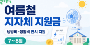 여름철 지자체 지원금 안내 썸네일, 냉방비·생활비 한시 지원과 7~8월 신청 정보를 표현한 이미지