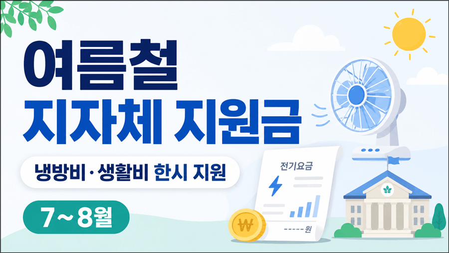 여름철 지자체 지원금 안내 썸네일, 냉방비·생활비 한시 지원과 7~8월 신청 정보를 표현한 이미지