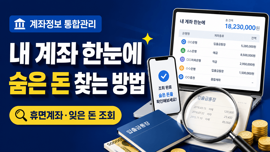 계좌정보 통합관리 서비스를 통해 내 계좌를 한눈에 확인하고, 휴면계좌와 잊고 있던 숨은 돈을 조회하는 방법을 안내하는 썸네일.