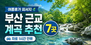 맑은 계곡물과 울창한 숲을 배경으로 부산 근교 계곡 추천 7곳과 차로 1시간 안팎 피서지를 소개하는 여름휴가 썸네일