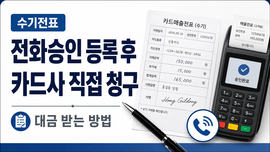 수기전표와 카드단말기, 전화승인 아이콘을 활용한 전화승인 등록 후 카드사 직접 청구 및 대금 받는 방법 안내