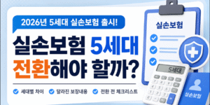 2026년 5세대 실손보험 출시와 전환 여부를 안내하는 썸네일 이미지로, 실손보험 서류와 체크리스트, 계산기, 의료보장 아이콘이 함께 배치되어 있습니다.