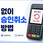 카드 없이 카드 승인취소하는 방법을 설명하는 썸네일로, 카드단말기와 승인 취소 화면, 카드 금지 아이콘이 함께 배치된 이미지