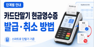 카드단말기와 현금영수증 발급·취소 아이콘을 활용해 스마트로 단말기 기준 현금영수증 처리 방법을 단계별로 안내하는 썸네일