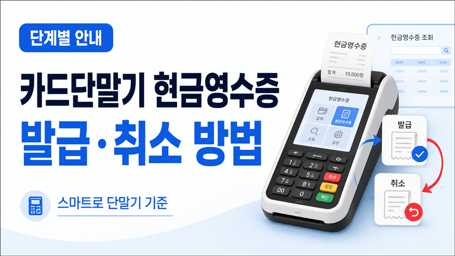 카드단말기와 현금영수증 발급·취소 아이콘을 활용해 스마트로 단말기 기준 현금영수증 처리 방법을 단계별로 안내하는 썸네일