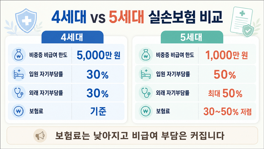4세대·5세대 보장 한도와 자기부담률 비교 카드