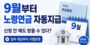 국민연금 통장과 달력을 배경으로 ‘9월부터 노령연금 자동지급 / 누구나 자동으로 받는 건 아닙니다’ 문구를 넣은 심플한 썸네일]
