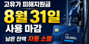 고유가 피해지원금 사용기한이 2026년 8월 31일 마감되며, 남은 잔액은 자동 소멸된다는 내용을 안내하는 이미지