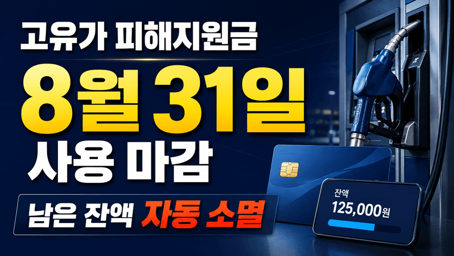 고유가 피해지원금 사용기한이 2026년 8월 31일 마감되며, 남은 잔액은 자동 소멸된다는 내용을 안내하는 이미지