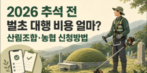 2026년 추석 전 산림조합과 농협의 벌초 대행 비용 및 신청방법을 안내하는 이미지