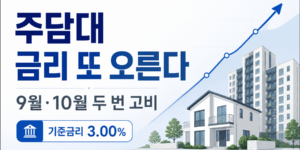 주담대 금리 9월과 10월 추가 상승 가능성과 한국은행 기준금리 3.00% 인상을 안내하는 이미지