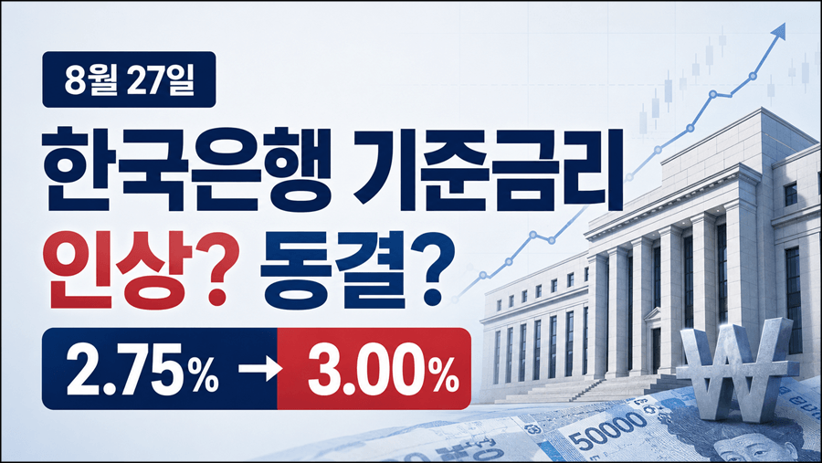 "2026년 8월 27일 한국은행이 기준금리를 2.75%에서 3.00%로 인상할지 동결할지 결정한다는 내용을 안내하는 썸네일"
