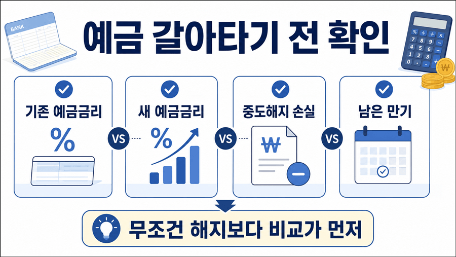 기존 정기예금을 더 높은 금리 상품으로 갈아타기 전 확인할 항목을 정리한 이미지