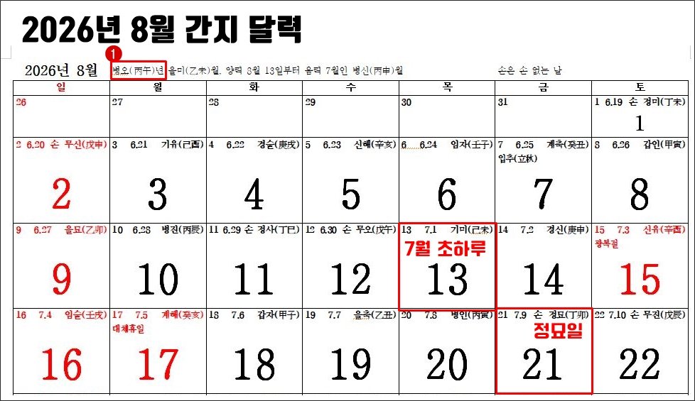 2026년 8월의 간지달력