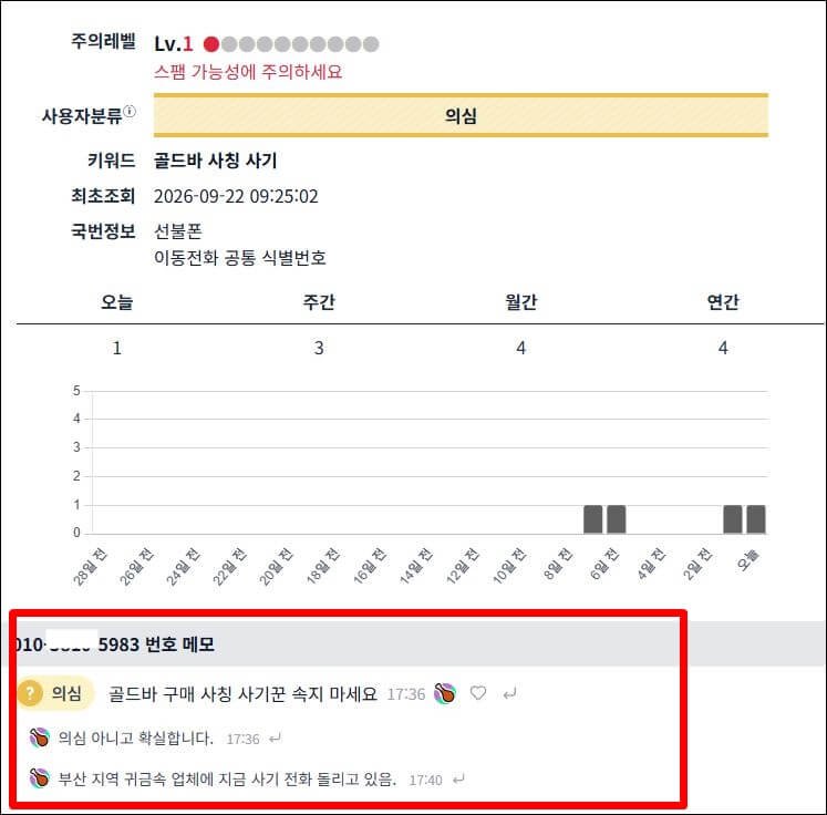 스팸전화번호DB에서 골드바 사칭 사기 의심 번호의 조회 내역과 사용자 메모를 확인하는 화면
