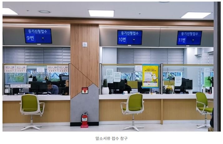 부산지방법원 등기소 근저당 말소 서류 접수 창구에서 최종 신청서류를 제출하는 화면