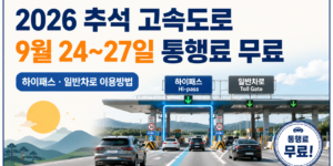 2026 추석 고속도로 통행료 9월 24일부터 27일까지 무료와 하이패스·일반차로 이용방법을 안내하는 이미지