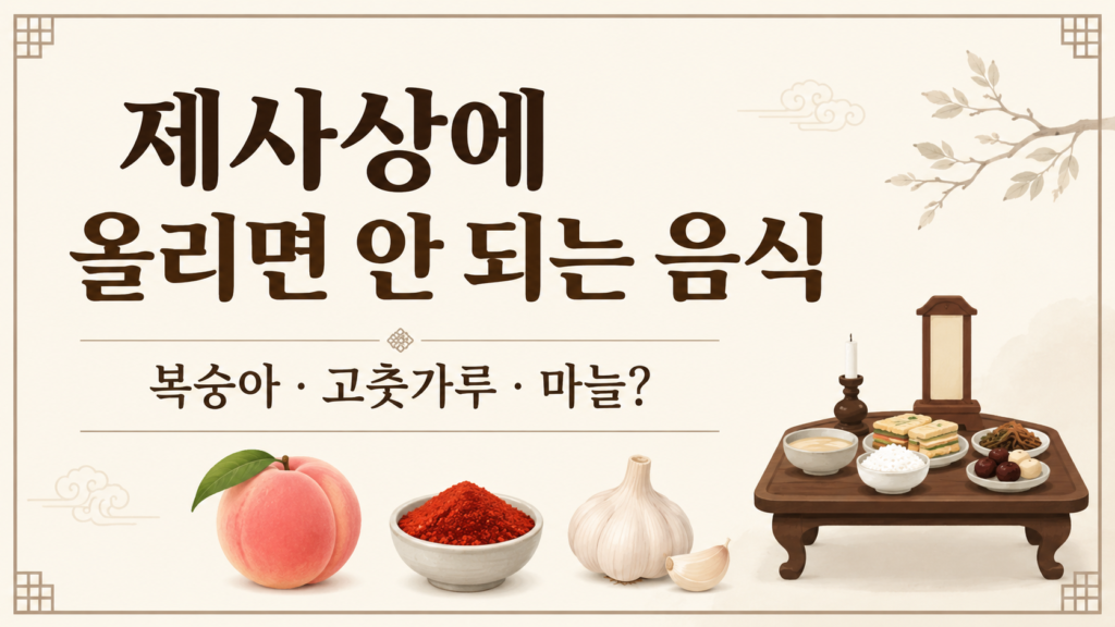 제사상에 올리면 안 되는 음식으로 알려진 복숭아·고춧가루·마늘과 전통 제사상을 함께 표현한 썸네일 이미지