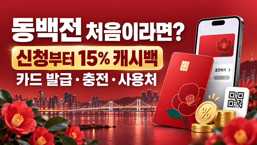 부산 야경과 동백꽃, 동백전 카드와 충전 앱 화면을 배경으로 동백전 신청방법과 15% 캐시백, 카드 발급·충전·사용처를 안내하는 이미지