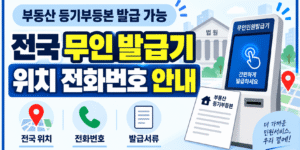 부동산 등기부등본 발급이 가능한 전국 무인발급기의 위치, 전화번호와 발급서류를 안내하는 썸네일 이미지