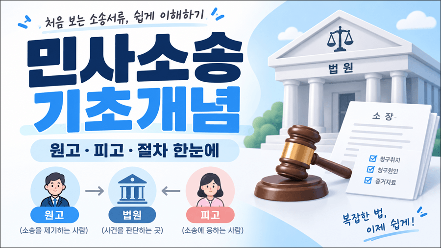 “민사소송 기초개념과 원고·피고·법원, 소송절차를 설명하는 썸네일”