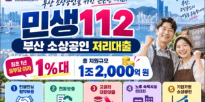 부산 소상공인 저리대출 민생112 안내 이미지, 최초 1년 실부담 이자 1%대와 총 지원규모 1조 2,000억 원, 민생안심 협약보증·전환보증·고금리 대환대출·노후 숙박시설 현대화·기업가형 소상공인 지원 내용 안내